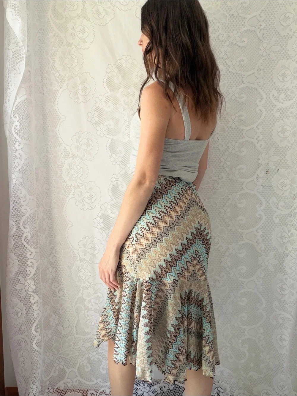 Y2K Banana Republic Blue Brown Knit Mermaid Midi Skirt